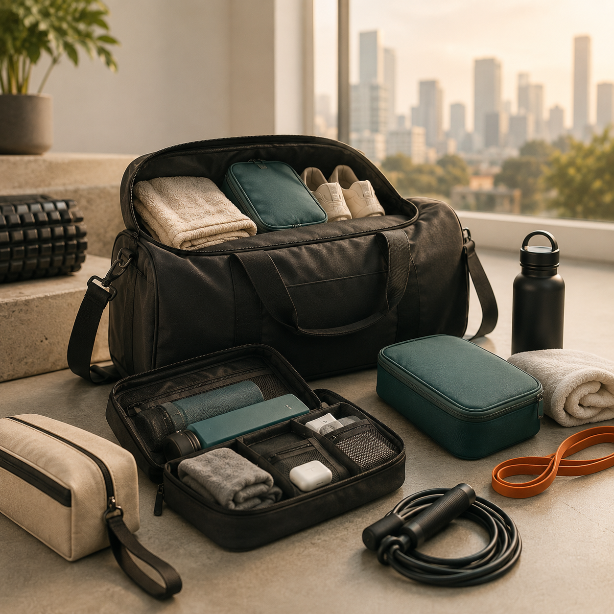 Organized gym bag with pouches, towel, shoes and training accessories