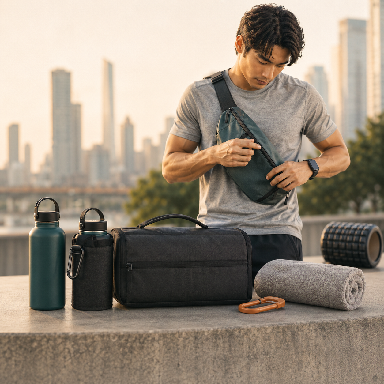 Hydration and outdoor carry accessories in an urban active lifestyle setting