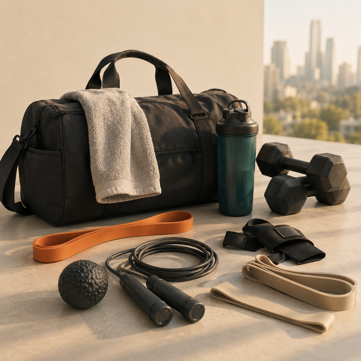 Workout essentials including resistance bands, jump rope, straps and gym accessories